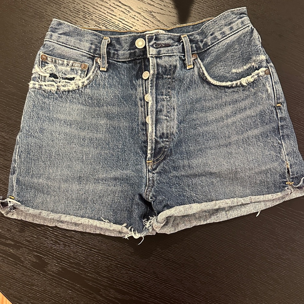 AGOLDE Dee Cut Off Button-Fly Distressed Denim Shorts - Blue